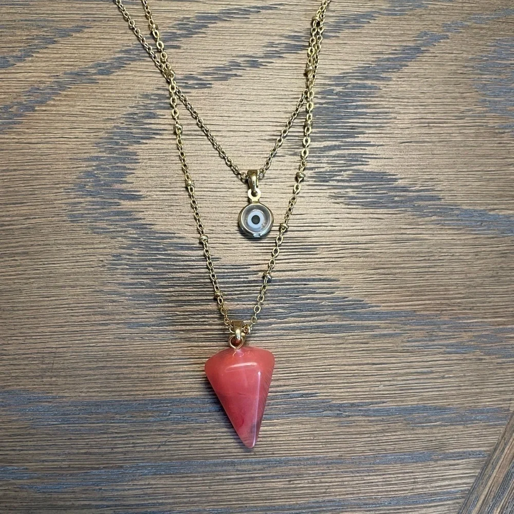 Evil eye pendant and orange pendant double layered chain necklace